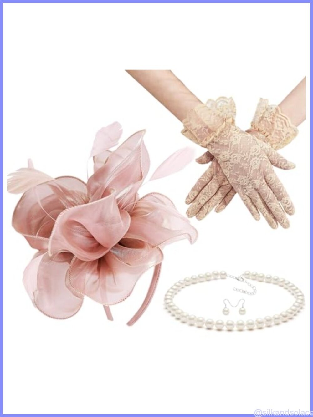 Fascinator Veil Derby Pillbox Headband Set with Lace Gloves Pearls